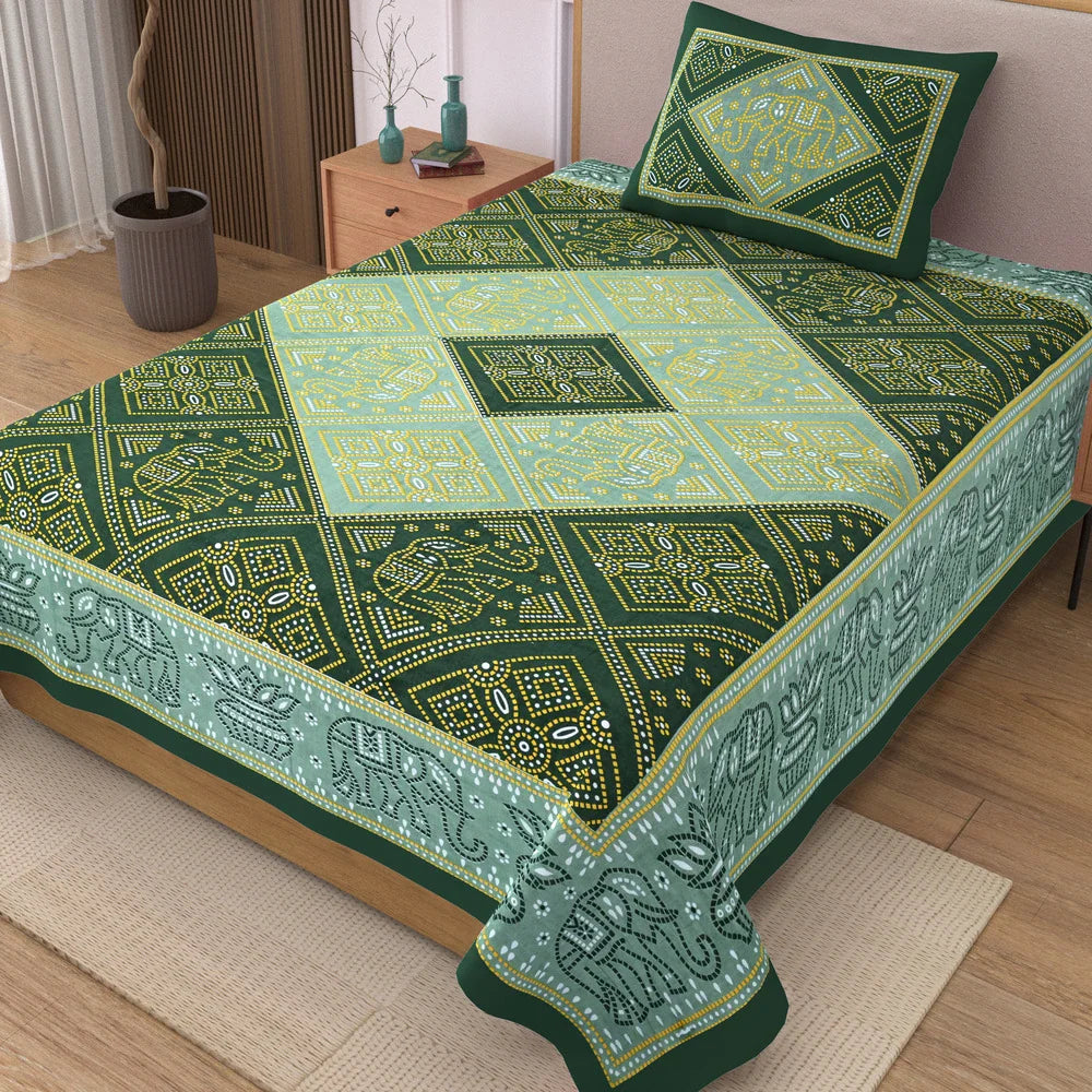 Jaipuri Cotton Single Bedsheet Set – Green & Yellow Bandhani Print (70X100 inches)